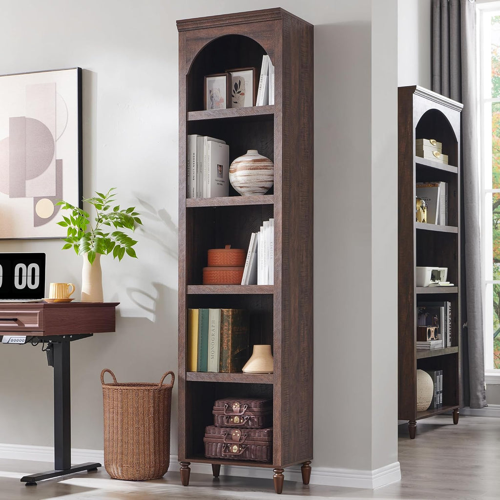 IFGET 76' Tall Arched Bookcase, Farmhouse 5 Tiers Narrow Arched Bookshelf Cabinet with Adjustable Shelves, Modern Wooden Book Shelf w/Storage and Open Display Shelves for Living Room, Office-Brown