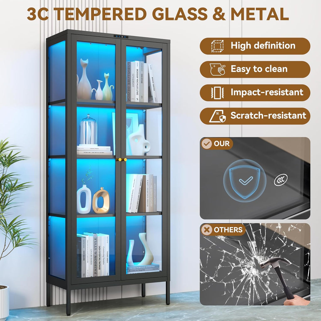 Polup Glass Display Cabinet with 8-Color LED Lights, Black Curio Cabinet with Glass Doors, 66 Inch Tall Display Case for Collectibles, Metal Storage Cabinet for Living Room, Assembly Required