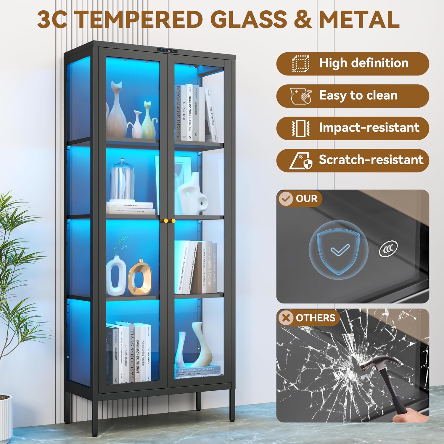 Polup Glass Display Cabinet with 8-Color LED Lights, Black Curio Cabinet with Glass Doors, 66 Inch Tall Display Case for Collectibles, Metal Storage Cabinet for Living Room, Assembly Required