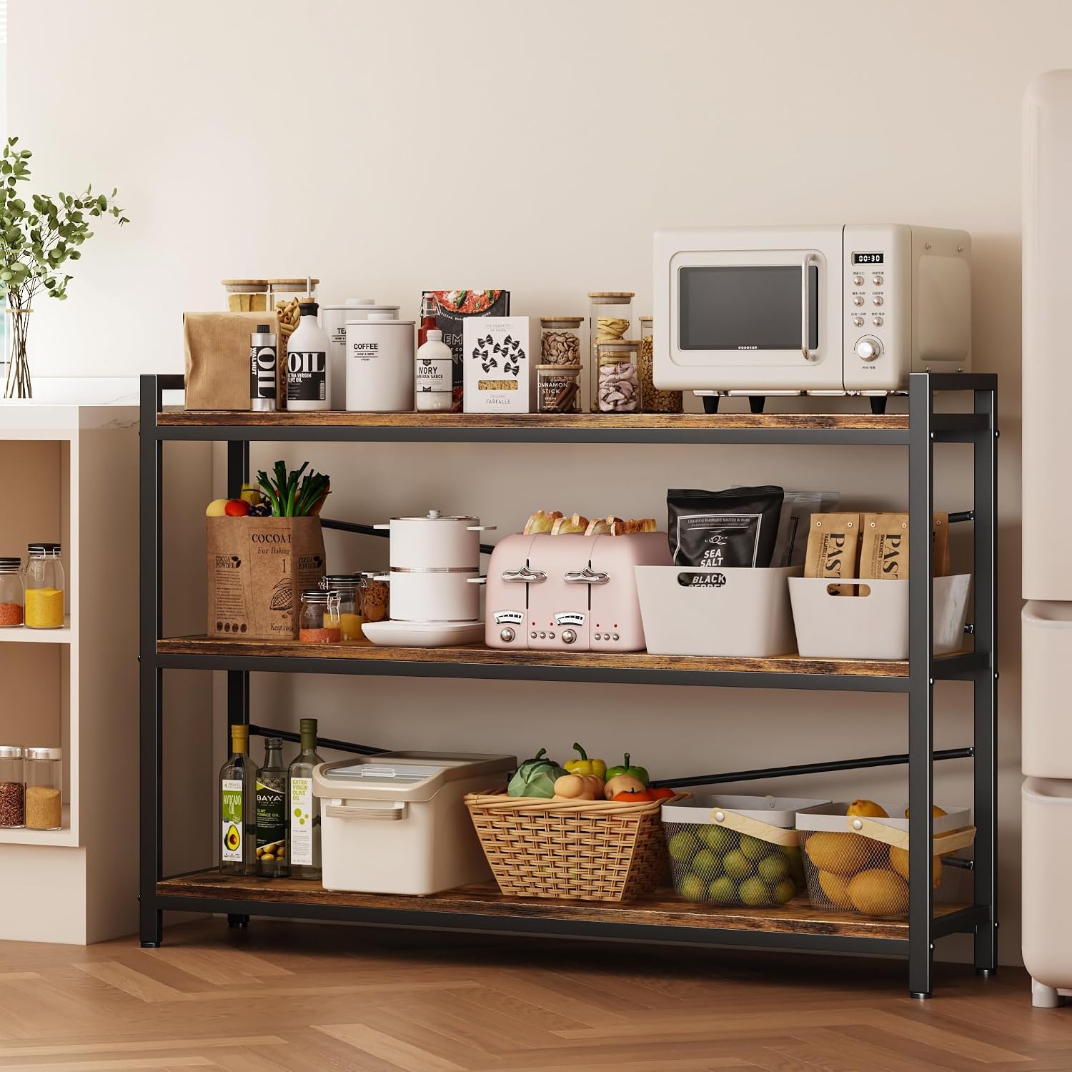 3 Tier Bookshelf 47.24' Width, Wood and Metal Etagere Bookcase, Vintage Farmhouse Modern Wooden Large Book Shelf for Home Living Room Bedroom Office Storage(Rustic Brown)