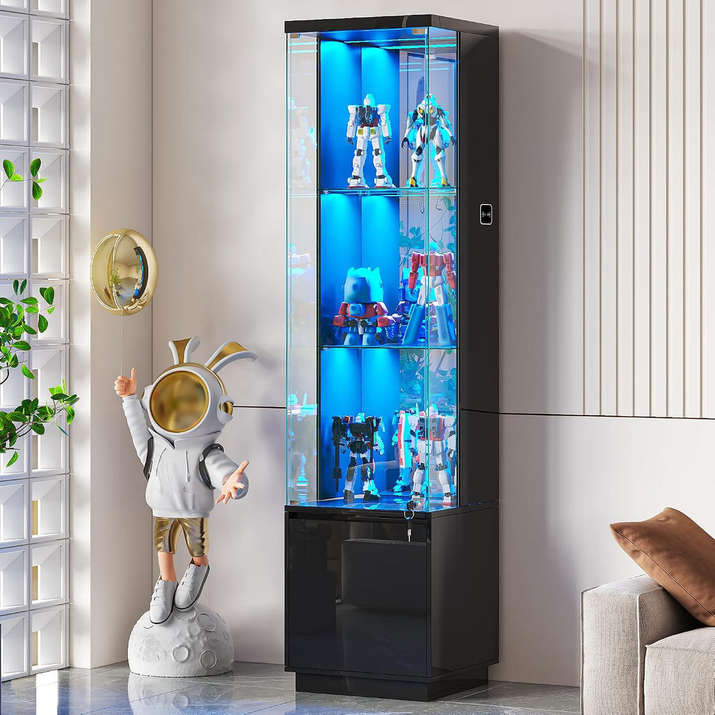 Lvifur Lockable Curio Display Cabinet with Glass Door,65' Lighted Curio Cabinet with 3 Color Lights for Collectibles,3-Tier Glass Display Case with Human Body Sensor for Living Room,Black