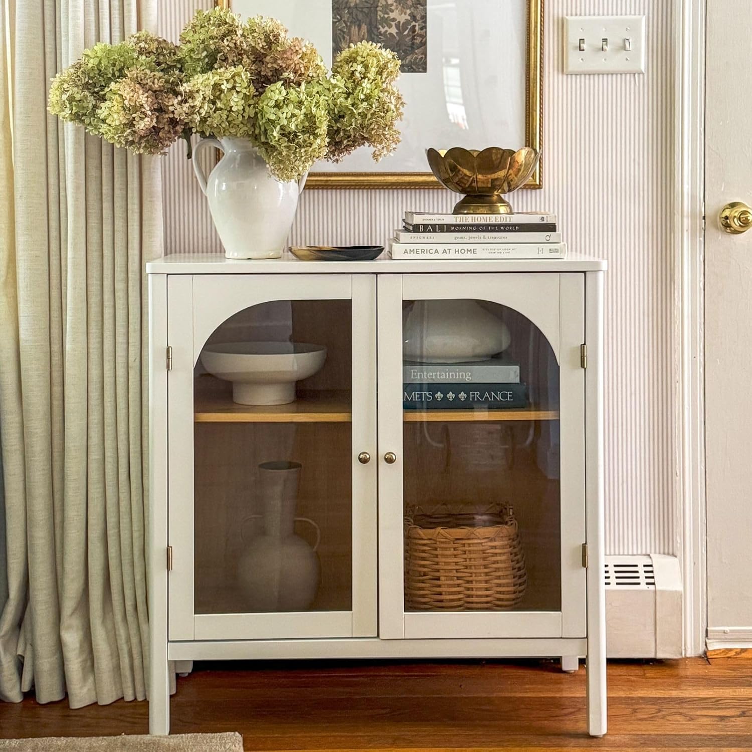 Nathan James Mason Storage Accent Cabinet Sideboard Buffet, Credenza with Glass Doors and Adjustable Shelf for Dining Room, Entryway and Living Room, Clear Glass/White/Light Oak