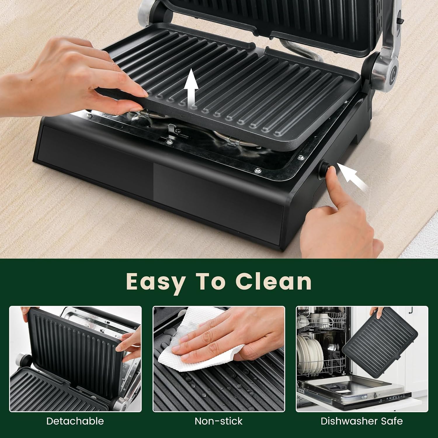 ARLIME Panini Grill Press Sandwich Maker, 180 Degrees w/5 Auto Cooking Modes & LED Display, 1200W Electric Indoor Grill with Removable Plates & Drip Tray, 3 in 1 Panini Press Grill for Breakfast