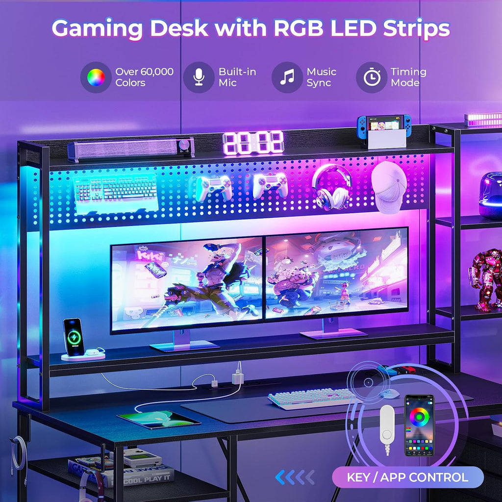 UPOSOJA Gaming Desk with Hutch, 65in Reversible Computer Desk with Power Outlets LED Light, Home Office Desk with Monitor Stand 2 Drawers 4 Storage Shelves Pegboard 8 Hooks Mouse Pad (Black)