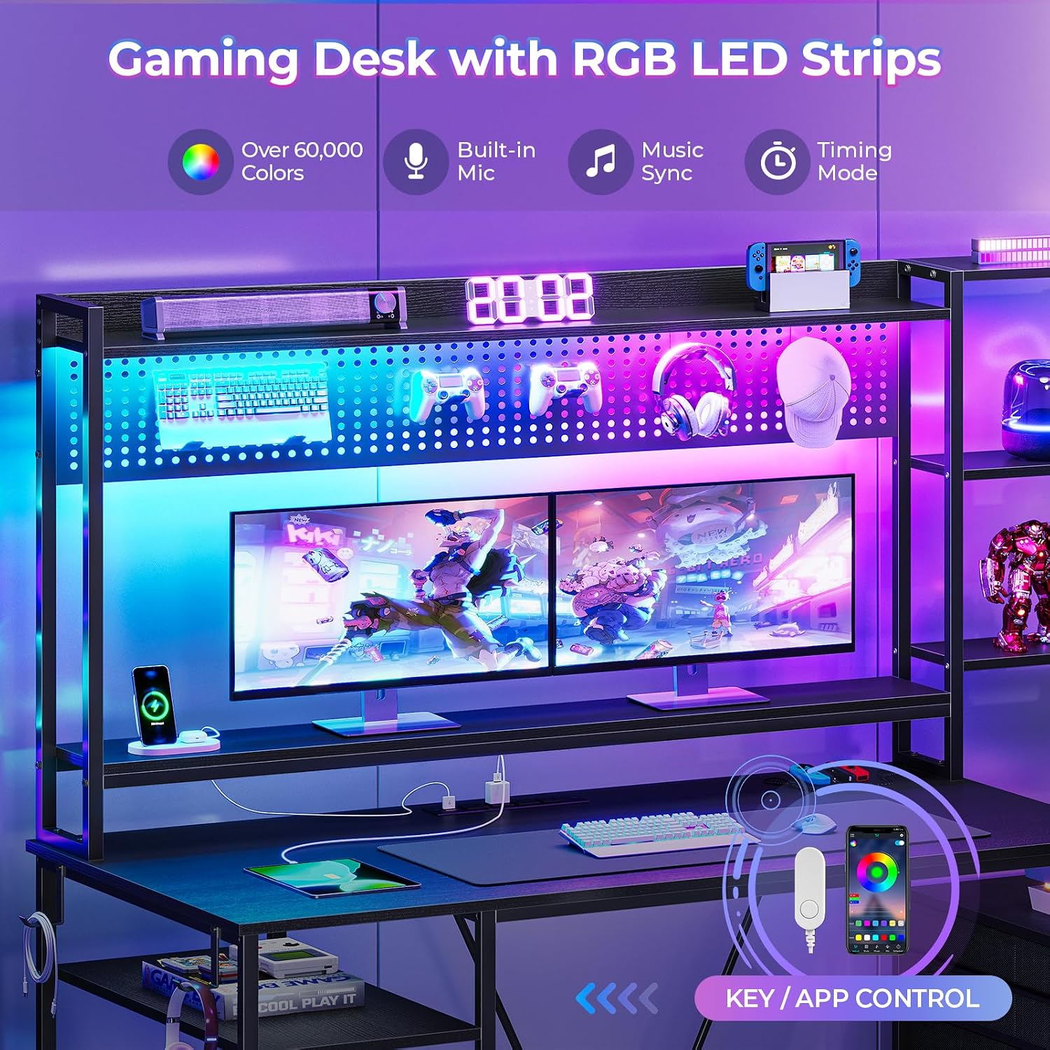 UPOSOJA Gaming Desk with Hutch, 65in Reversible Computer Desk with Power Outlets LED Light, Home Office Desk with Monitor Stand 2 Drawers 4 Storage Shelves Pegboard 8 Hooks Mouse Pad (Black)
