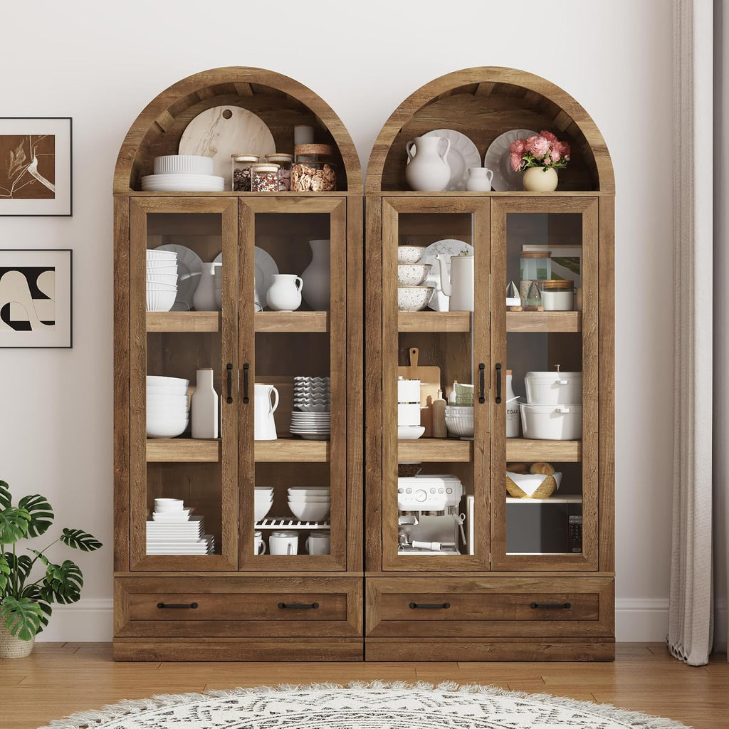 75' Tall Arched Kitchen Pantry Cabinet w Load-Bearing Steel Pipe,Modern Farmhouse Kitchens Storage Cabinet with Drawer and Glass Doors,Tall Arched Bookcase,Pantry Organizer for Living Room(Natural)
