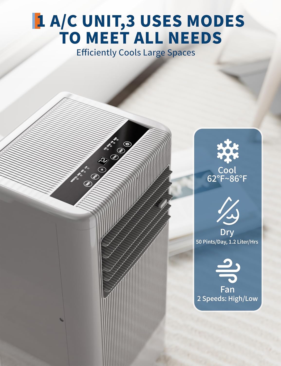 8,000 BTU Portable Air Conditioners, 3-in-1 Air Conditioner Portable Up to350 Sq.Ft, Portable AC Unit with Cooling, Fan, Dehumidifier, 24H Timer, Easy Window Installation Kit, Grey, for Bedroom.