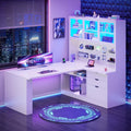 SEDETA L Shaped Computer Desk, L Shaped Corner Gaming Desk with 3 Wood Drawer and Large Bookshelf, Home Office Desk with LED Light, Display Cabinet and Pegboard, 27.5' W Large Desktop Table, White