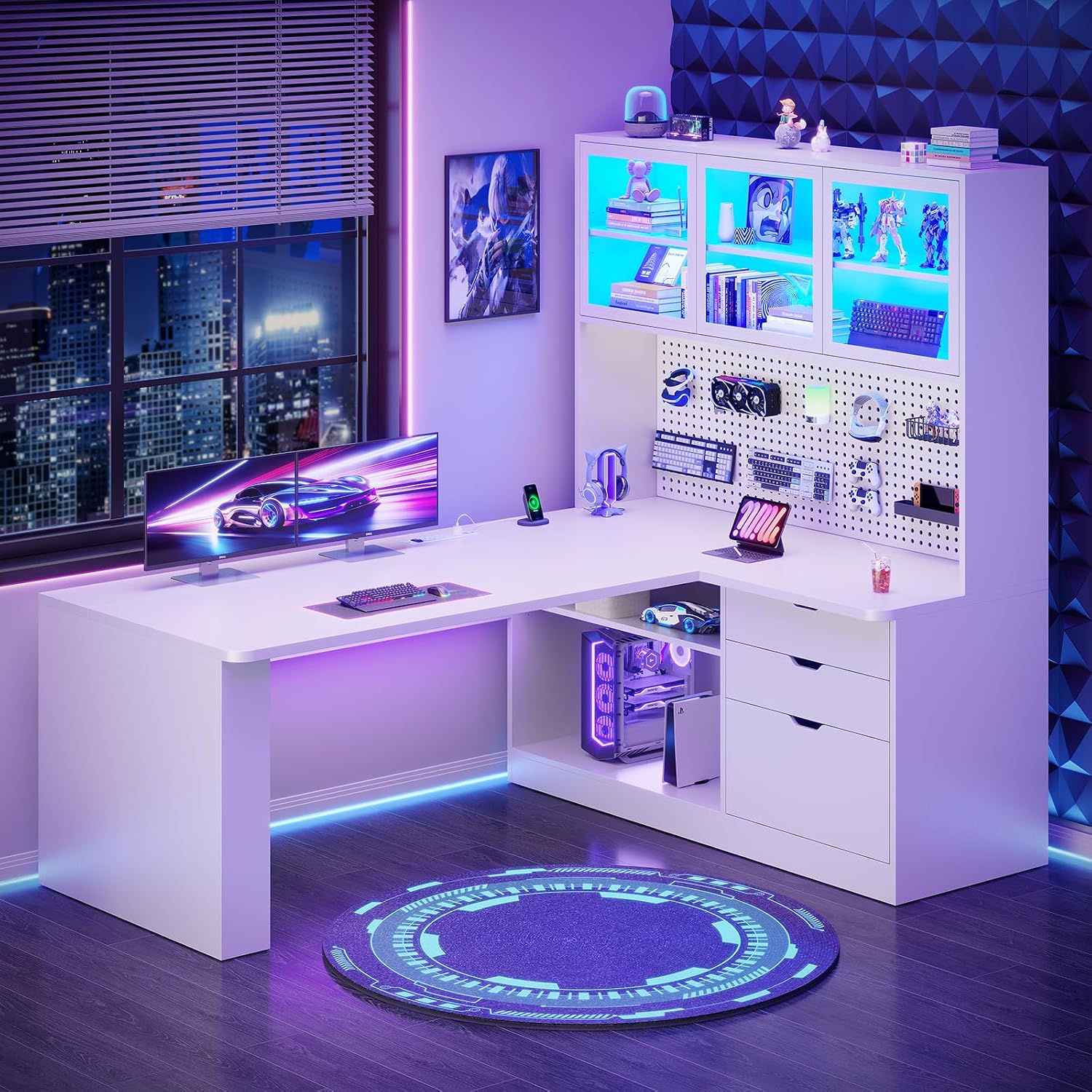 SEDETA L Shaped Computer Desk, L Shaped Corner Gaming Desk with 3 Wood Drawer and Large Bookshelf, Home Office Desk with LED Light, Display Cabinet and Pegboard, 27.5' W Large Desktop Table, White