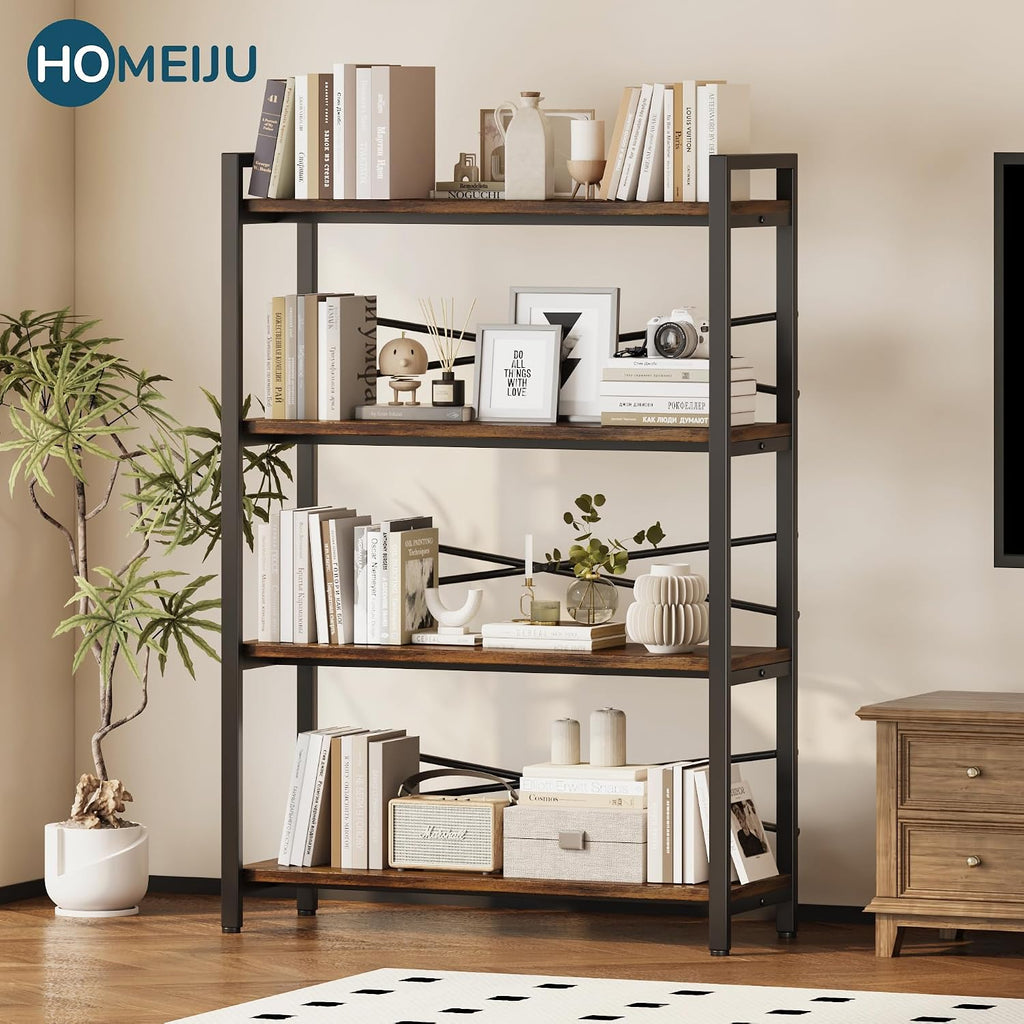 4 Tier Bookshelf 31.49' Width, Book Organizers and Storage, Wood and Metal Tall Bookcase, Rustic Book Shelf Organization and Storage for Home Living Room Bedroom Office Storage(Rustic Brown)