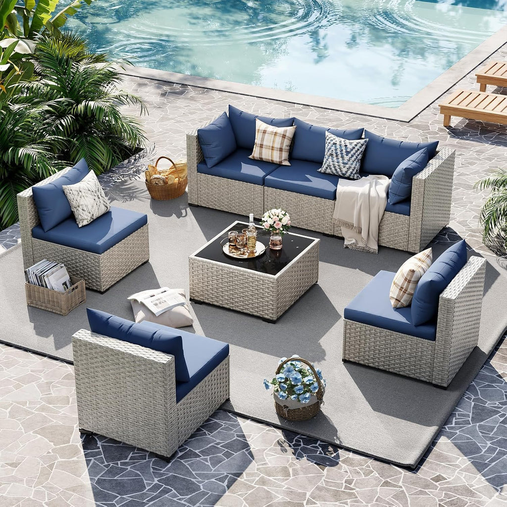 UDPATIO Outdoor Patio Furniture Set, 7 Piece Modular Sectional Sofa with Tea Table, PE Wicker Outdoor Conversation Set for Patio, Garden, Backyard Blue