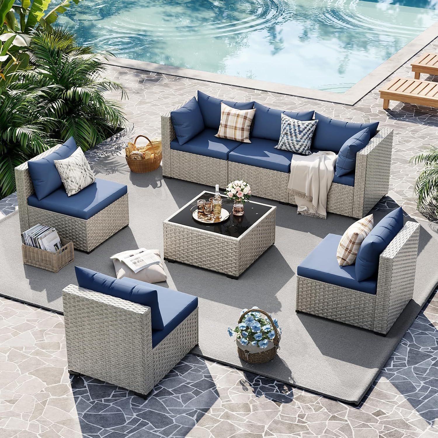 UDPATIO Outdoor Patio Furniture Set, 7 Piece Modular Sectional Sofa with Tea Table, PE Wicker Outdoor Conversation Set for Patio, Garden, Backyard Blue