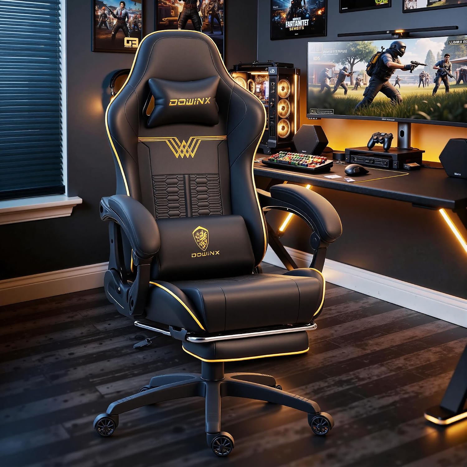 Dowinx Big and Tall Gaming Chair 350LBS, Racing Style Ergonomic Computer Chair with Side-Mounted Recline Control, Footrest & Massage Lumbar, High Back Chair with Embroidered Design for Work, Black