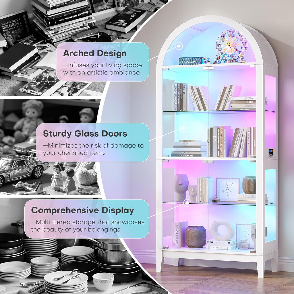 WOOVIVS Glass Display Cabinet with RGB Lights, 69' Tall Curio Cabinet with Rebound Tempered Glass Door, 5-Tier Adjustable Display Case for Living Room (White)