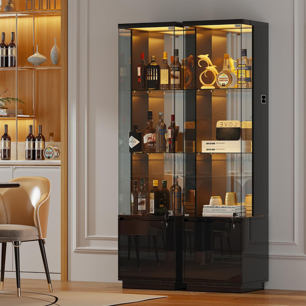 HNEBC Corner Glass Display Cabinet with Lockable&3 Color Lights for Living Room Black, Curio Cabinet with Adjustable Glass Shelf for Liquor Figurine Bookcase for Living Room