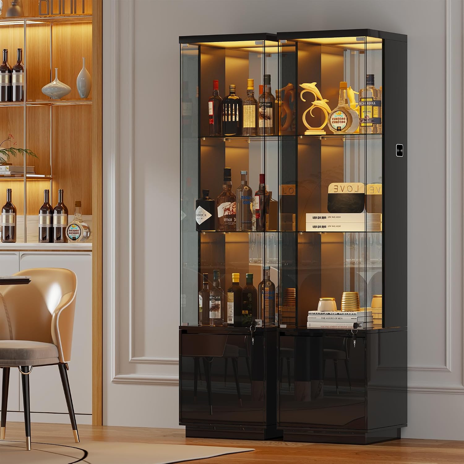 HNEBC Corner Glass Display Cabinet with Lockable&3 Color Lights for Living Room Black, Curio Cabinet with Adjustable Glass Shelf for Liquor Figurine Bookcase for Living Room