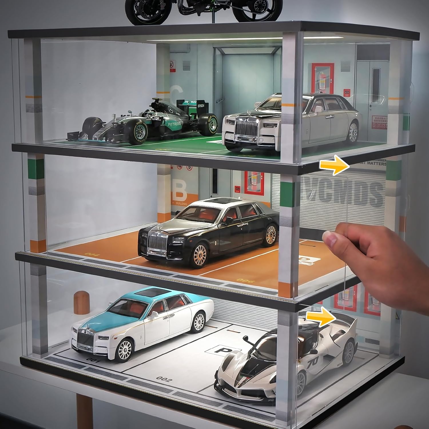 kivcmds Model Car Display Case 1:18 Scale Diecast Diorama Garage with Lights for Lego Alloy Car Collectibles Wood Storage Shelf,3 Tiers of 9 Parking Spaces