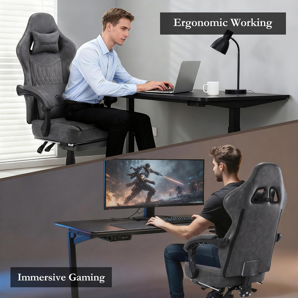 Dowinx Gaming Chair Breathable PU Leather Gamer Chair with Footrest Massage Lumbar Support, Big and Tall Ergonomic Reclining Computer Chair with Pocket Spring Cushion for Adults Teens (Grey)