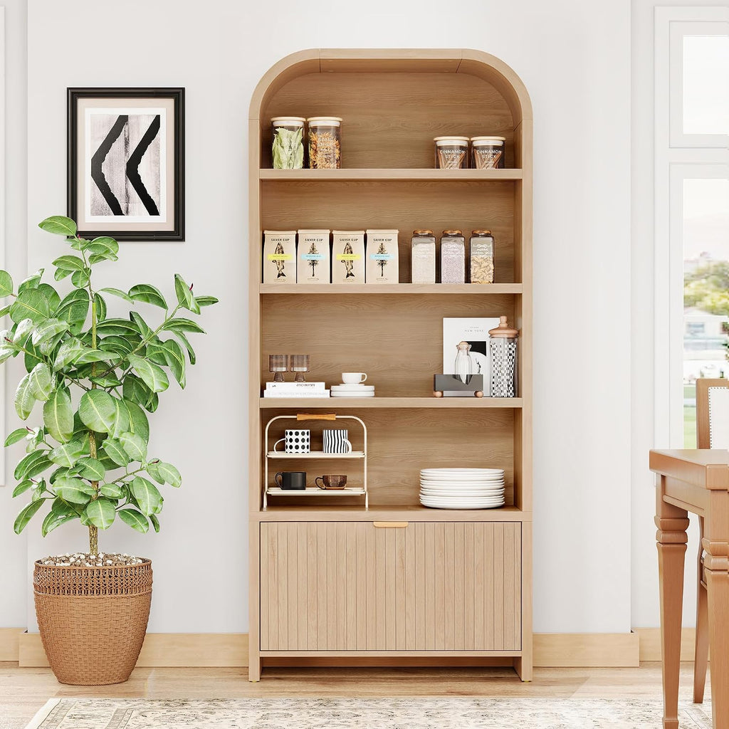 LEVNARY Arched Bookcase with Drawer, 70' Tall 5-Tier Bookshelf with Fluted Carved Drawer, Freestanding Display Storage Cabinet for Living Room Bedroom Home Office (Natural)