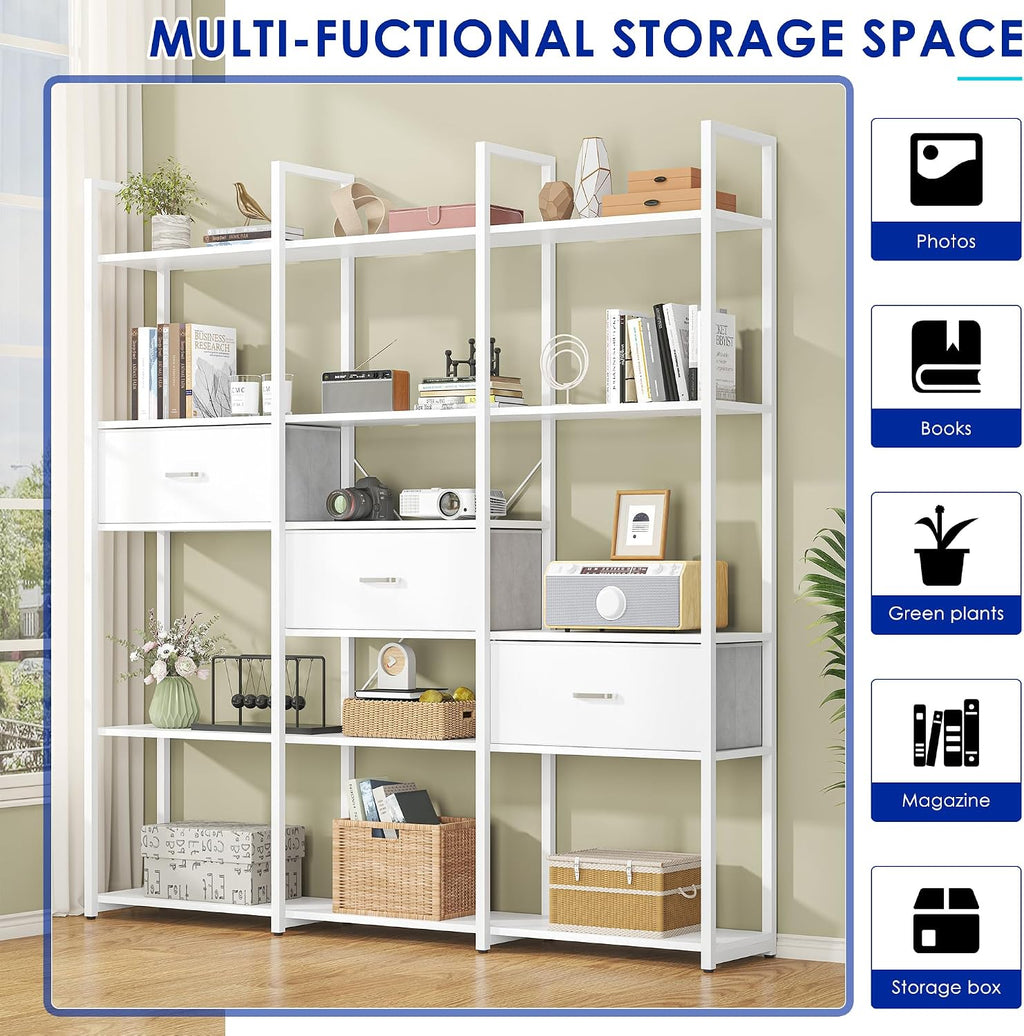 Nosepen 73.6' Tall Bookshelf with 3 Drawers and 16 Storage Shelves, Industrial Bookcase with 16 Open Display Shelves, Large Etagere Bookshelf, Triple Wide Book Shelf Book Case for Home & Office, White