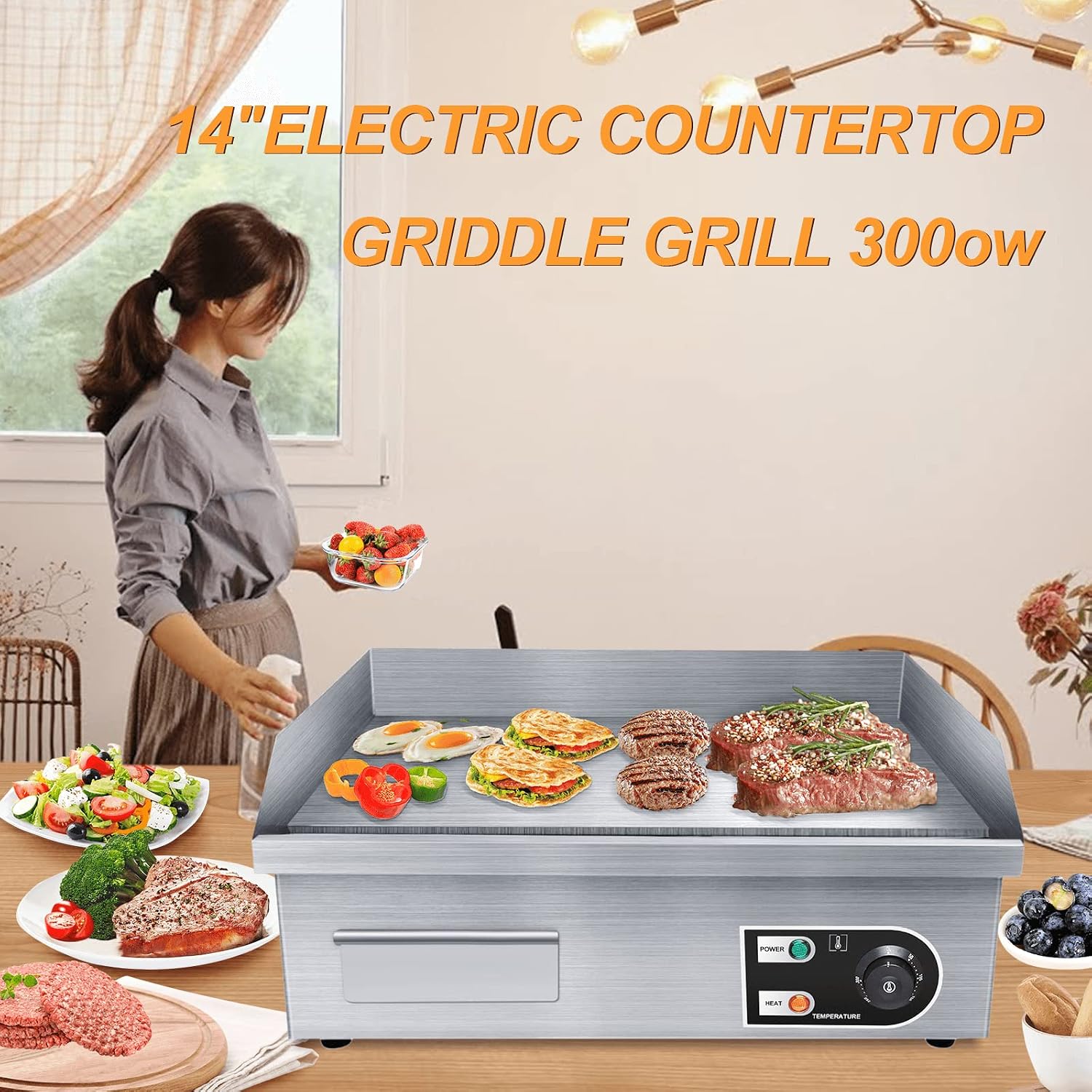 22' Electric Countertop Flat Top Griddle 1600W 110V Non-Stick Commercial Restaurant Teppanyaki Grill Stainless Steel Adjustable Temperature Control 50~300℃