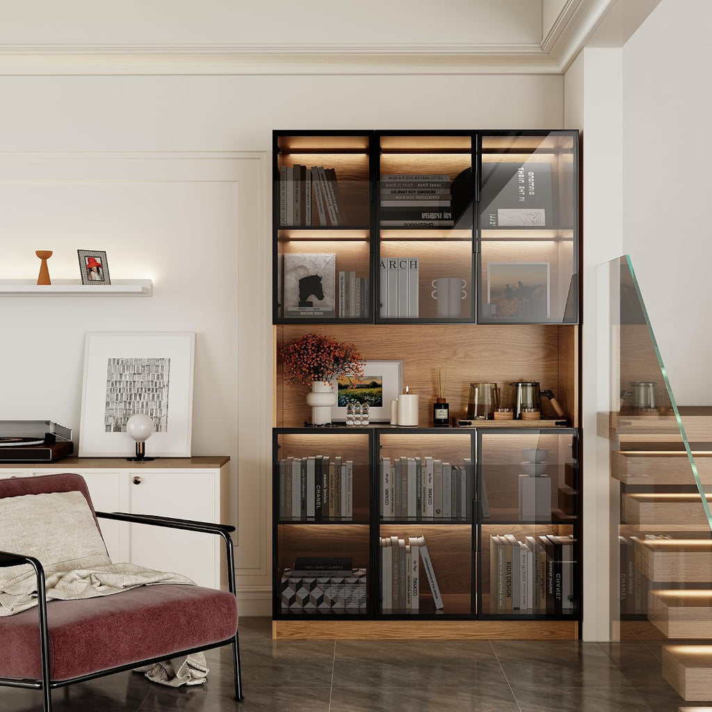 Mekminop Display Case Cabinet with Glass Doors and RGB Lights, Wooden Storage Cabinet with 5-Tier Shelves, Can be Used as Bookcases, Kitchen Pantry Cabinets, Walnut (47.2 'W x 16.5 'D x 78.7 'H)