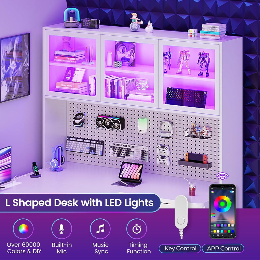 SEDETA L Shaped Computer Desk, L Shaped Corner Gaming Desk with 3 Wood Drawer and Large Bookshelf, Home Office Desk with LED Light, Display Cabinet and Pegboard, 27.5' W Large Desktop Table, White