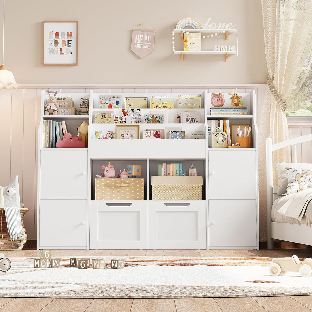 FINETONES Toy Storage Organizer, Large Toy Organizers and Storage with 8 Storage Cubbies and 2 Movable Drawers, Toy Shelf Organizer with 4 Display Shelves, 3-Tier Kids Bookshelf and Toy Storage