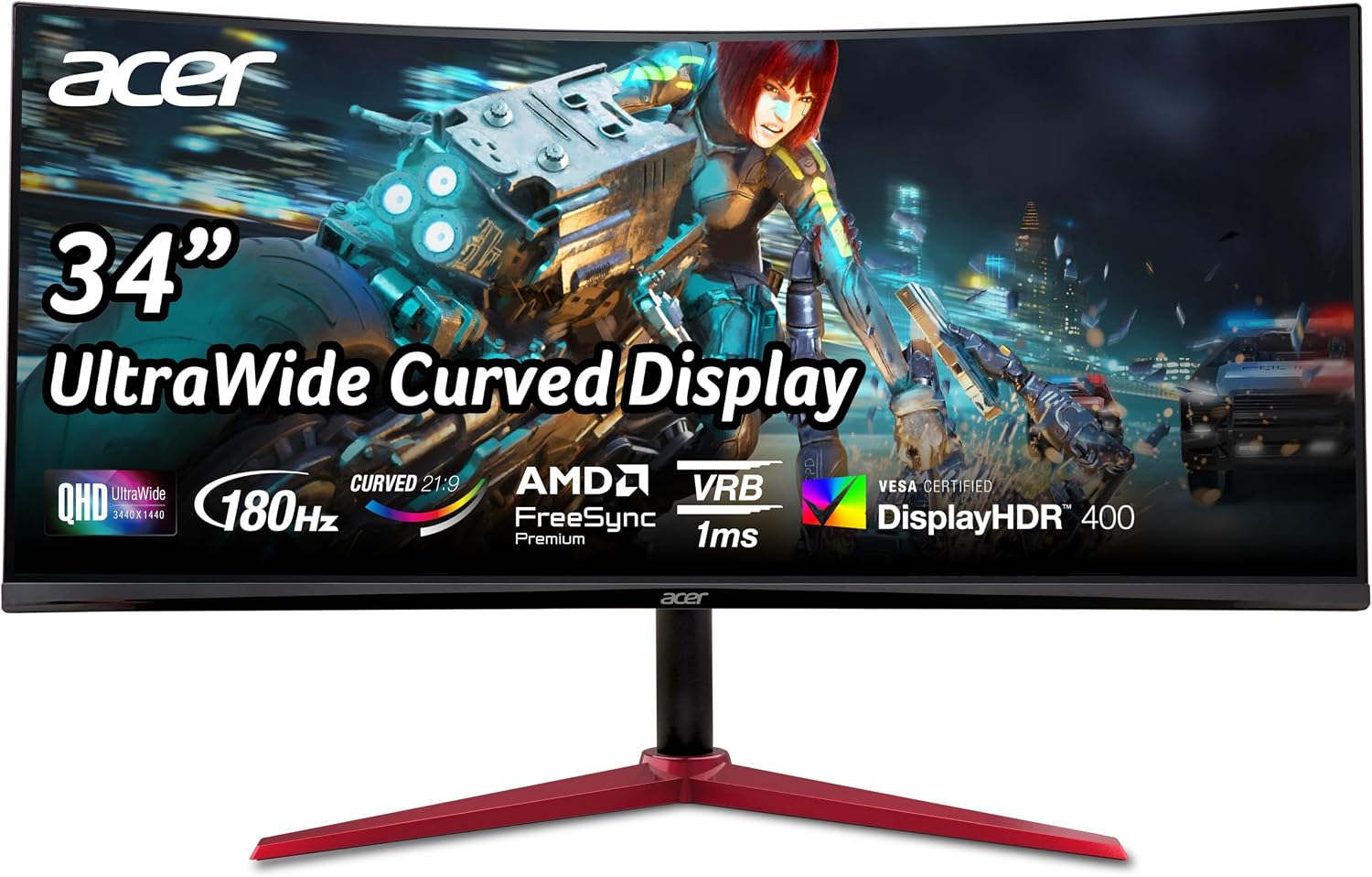 acer Nitro 34 Inch UWQHD 3440 x 1440 1500R Curved PC Gaming Monitor | AMD FreeSync Premium | Up to 180Hz Refresh | 1ms (VRB) | 400nit | DisplayHDR 400 | One DP 1.4 & Two HDMI 2.0 | XZ342CU Vbmiiphx
