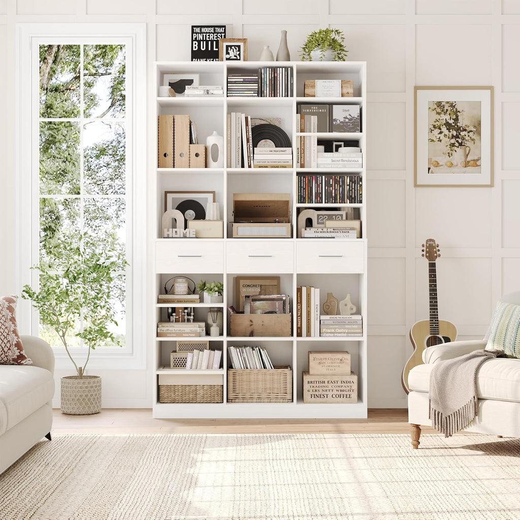 HOSTACK 75' Tall Book Shelf and Bookcase, 47' Wide Bookshelf with Drawers, Modern 9 Tier Bookcase with Storage, Large Wood Display Cabinet with Adjustable Shelves for Living Room, Home Office, White