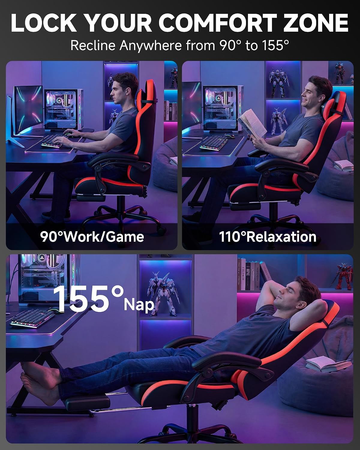 GTPLAYER Gaming Chair for Adults, Ergonomic Computer Gaming Chair with Footrest, Height Adjustable, 90-155° Recline & Removable Headrest Lumbar Support, Black&Red