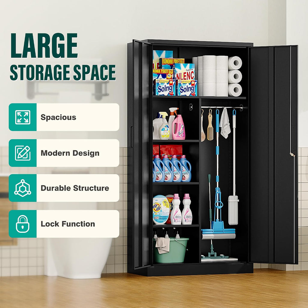 Wide & Deep Metal Storage Cabinet with Hanging Rod,Black Broom Closet Storage Cabinet with Lock,72' Tall Wardrobe Cabinets with Doors and Shelves,Locking Steel Tool Cabinets for Home,Office,Garage