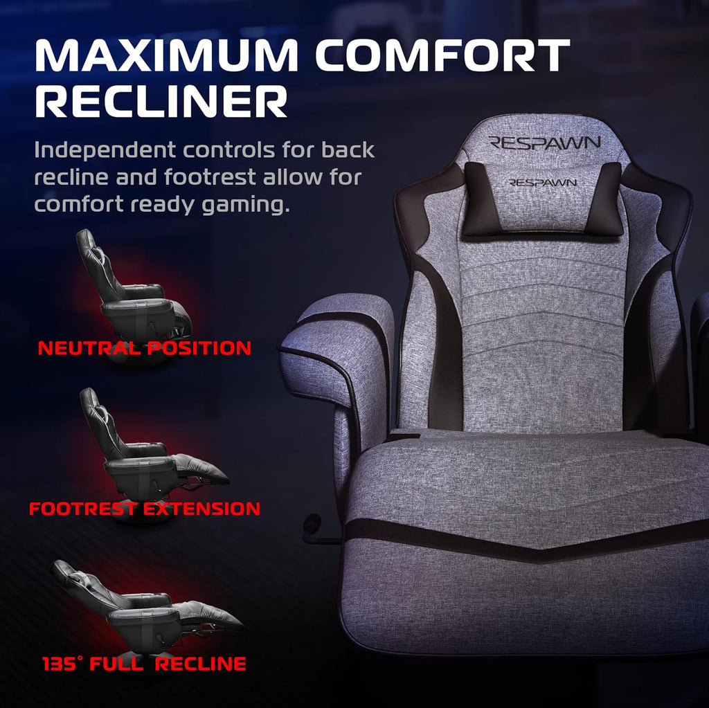 RESPAWN 900 Console Gaming Recliner with Footrest and Lumbar Support - Comfortable Ergonomic Gaming Chair with Headrest, No Wheels, Reclining, Heavy Duty, Racing Style Video Game Chairs - Gray Fabric