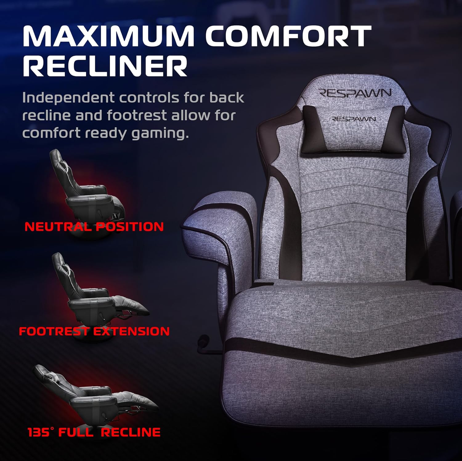 RESPAWN 900 Console Gaming Recliner with Footrest and Lumbar Support - Comfortable Ergonomic Gaming Chair with Headrest, No Wheels, Reclining, Heavy Duty, Racing Style Video Game Chairs - Gray Fabric