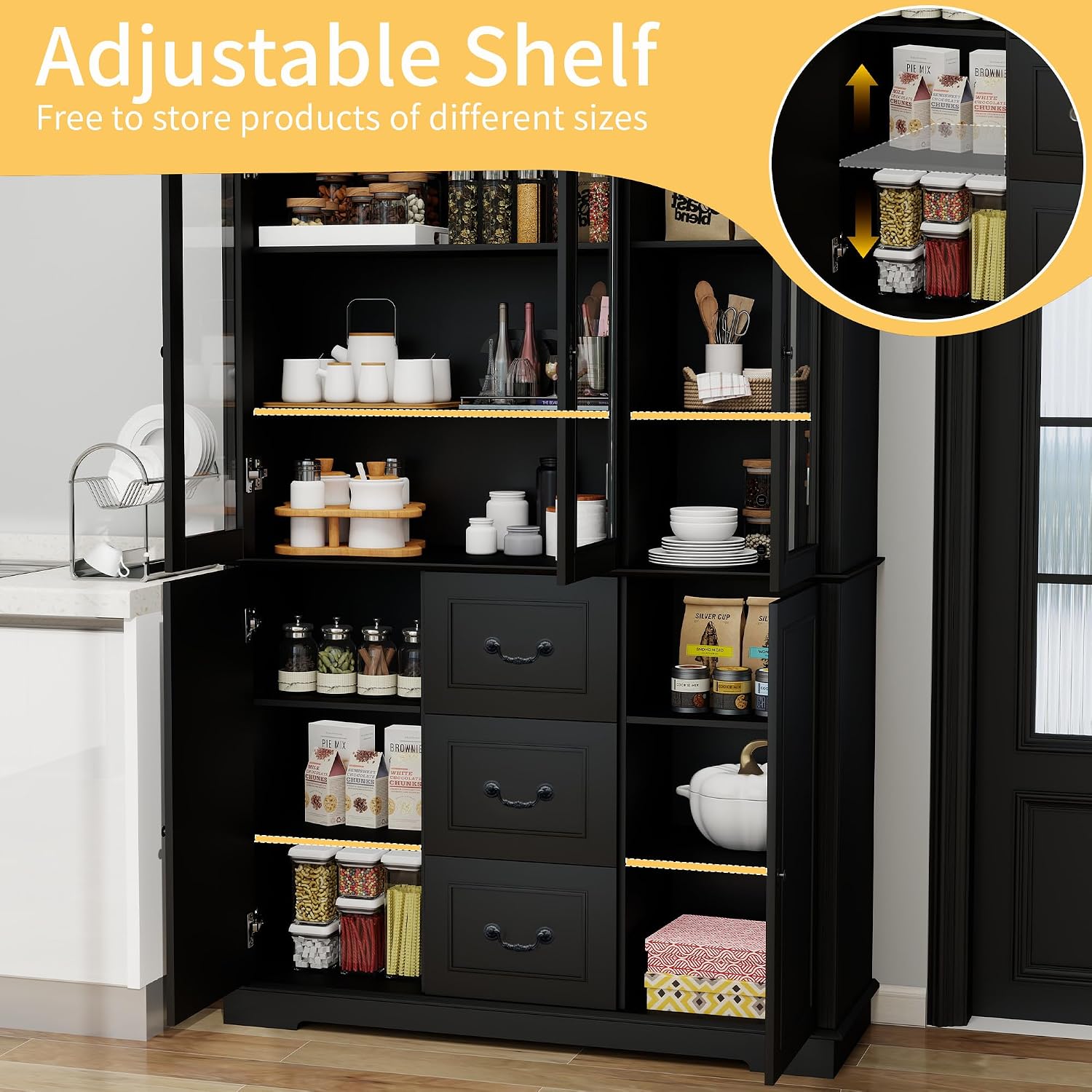 70.9' Tall Bookcase Display Storage Cabinet Hutch with Glass Doors & Drawers - Curio Display Bookshelf Kitchen Pantry for Home, Kitchen, Living Room.