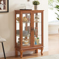 43' H Lighted Display Curio Cabinet, 3-Tier Glass Accent Storage Cabinet Curio Showcase w/ 2 Doors & Adjustable Shelves, Wine Artwork Storage Rack w/Mirrored Back Panel for Living Room (Oak)