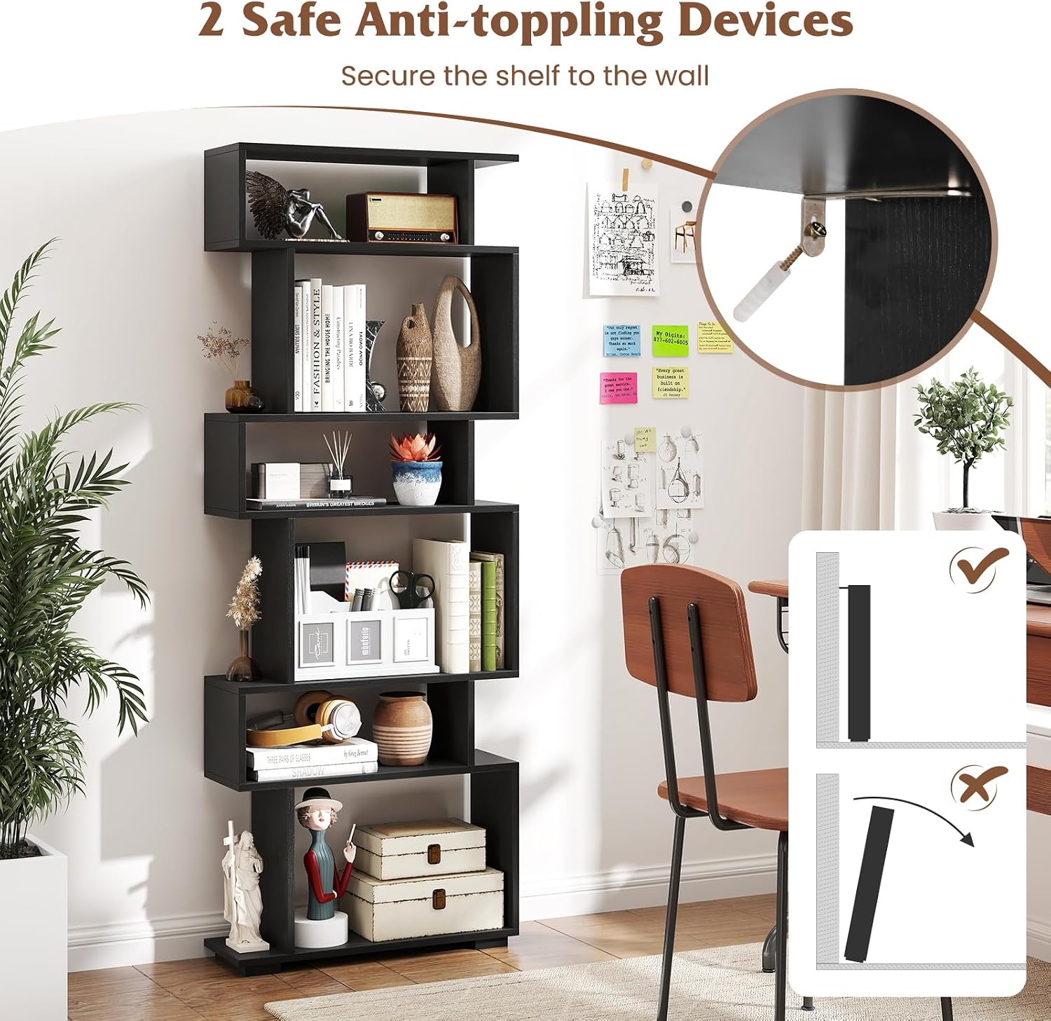 Tangkula 6-Tier S-Shaped Bookshelf, 64' Freestanding Geometric Bookcase, Home Office Wood Storage Shelf with Anti-Toppling Device, Room Divider Display Rack for Study, Living Room (2, Black)