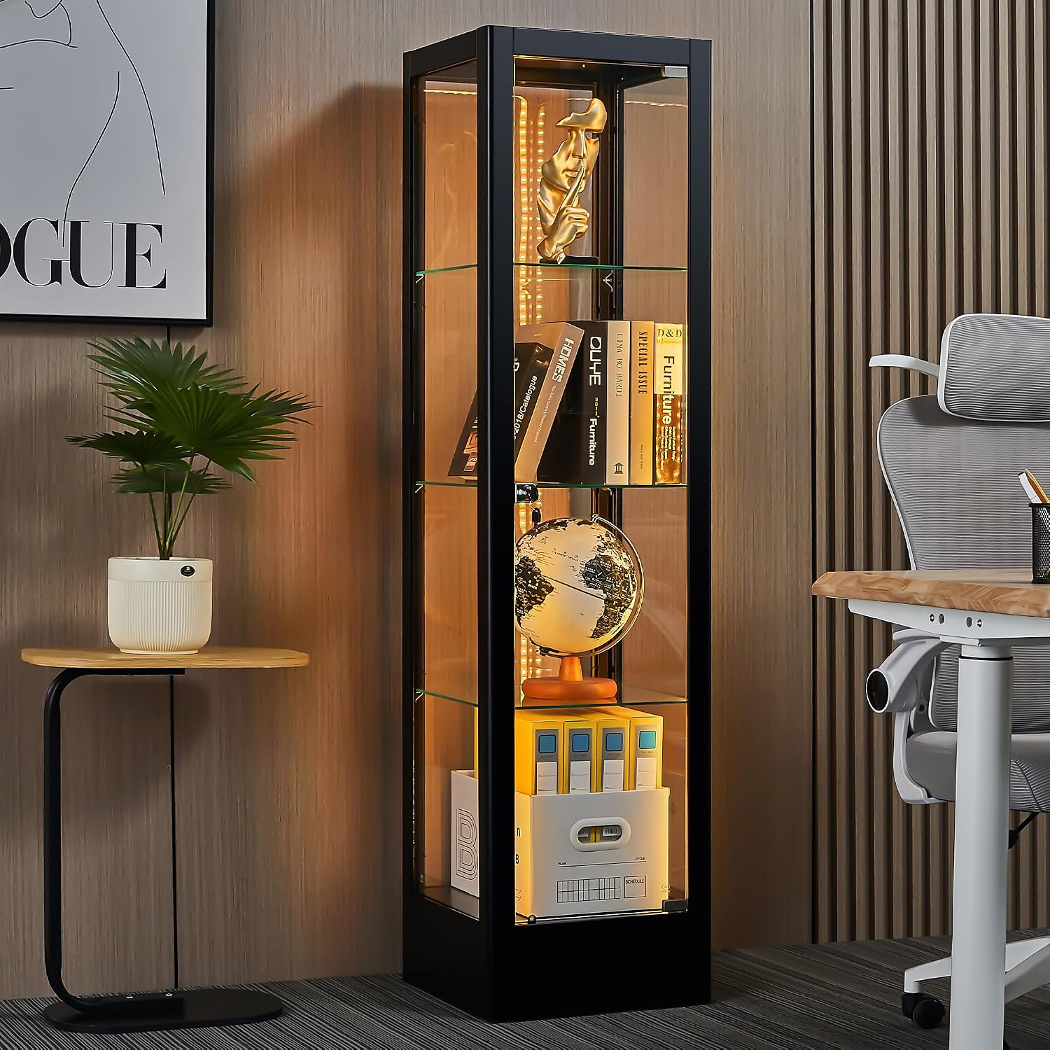 Foreate 4-Tier Glass Display Cabinet Case with 13 Colors Light & Lock, 63' Curio Cabinet with Glass Door & Adjustable Shelves, Thickened 5MM Tempered Glass Collectibles Display Case Bookshelf, Black