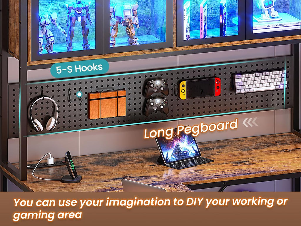 SEDETA L Shaped Gaming Desk with Drawers, L Shaped Computer Desk with Hutch and Storage Shelves, Gaming Desk with Pegboard, Led Lights, and Power Outlet, Home Office Desk, Corner Desk, Rustic Brown