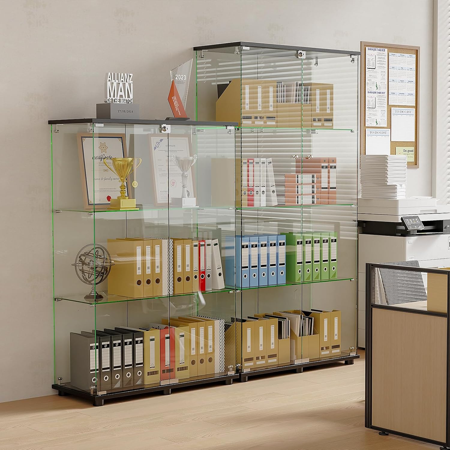 ROOMTEC Glass Display Cabinet with 4 Shelves, Double Doors, Floor Standing Display Cage, for Living Room Bedroom Office, 64 x 31.7 x 14.3 in, Black