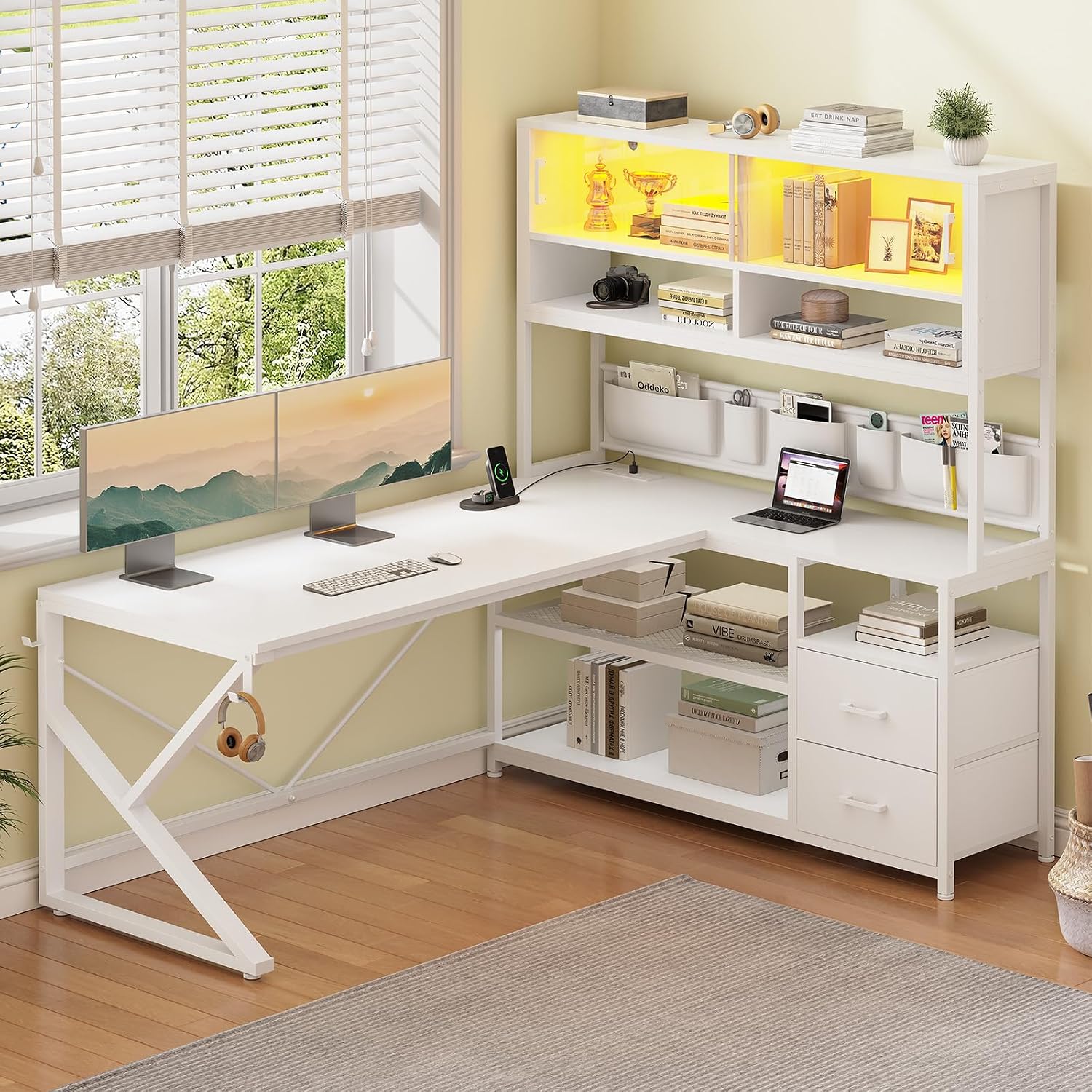 SEDETA L Shaped Gaming Desk, Home Office Computer Desk with 2 Drawer and Bookshelf, L Shaped Gaming Corner Desk with LED Light, Glass Cabinet,Storage Bag and Storage Shelves, White