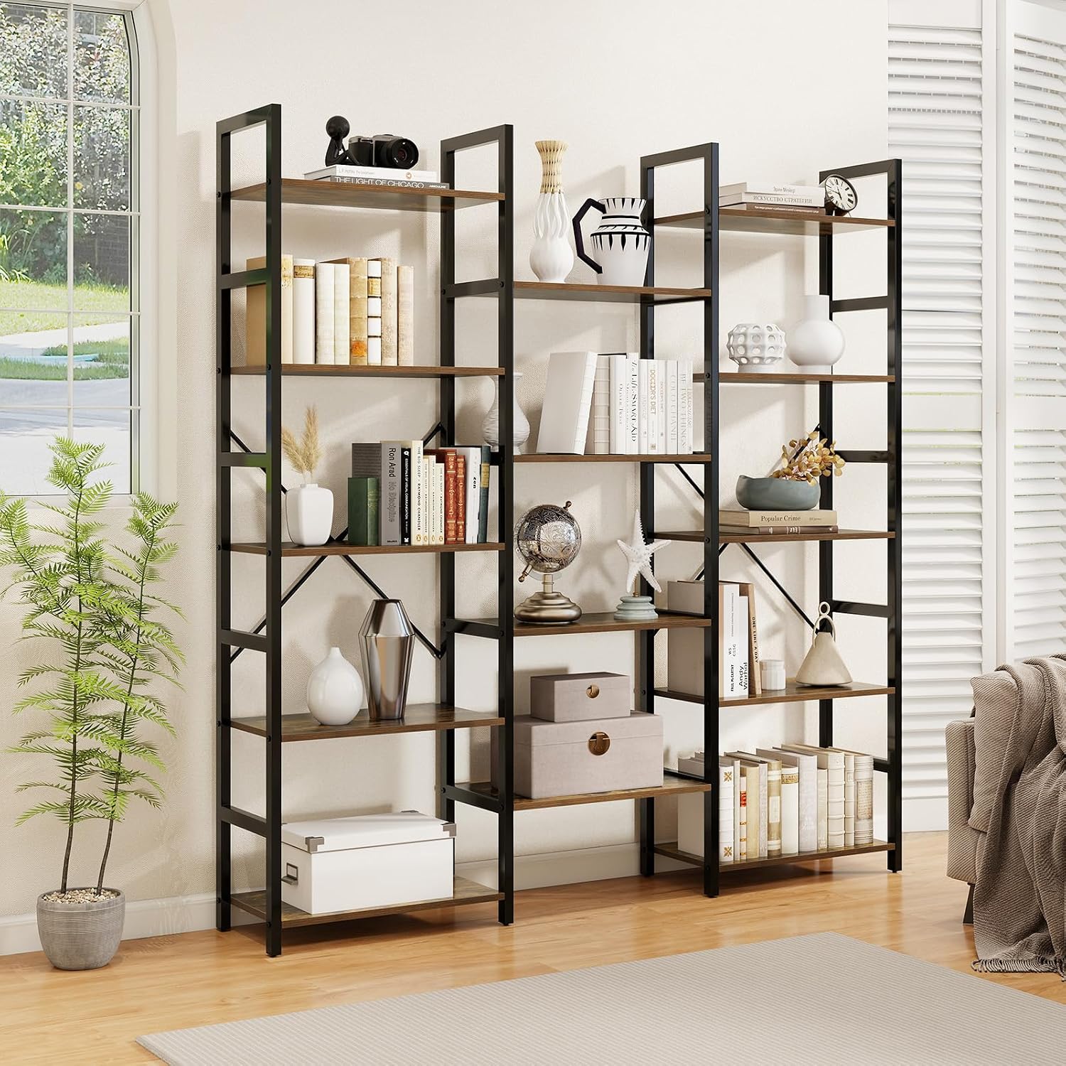 Giantex 5-Tier Industrial Bookshelf, Triple Wide Heavy-Duty Metal Frame Bookcases w/ 14 Open Shelves, Large Floor Standing Display Shelf Rack w/Anti-tip Kits, Storage Shelf for Living Room Study