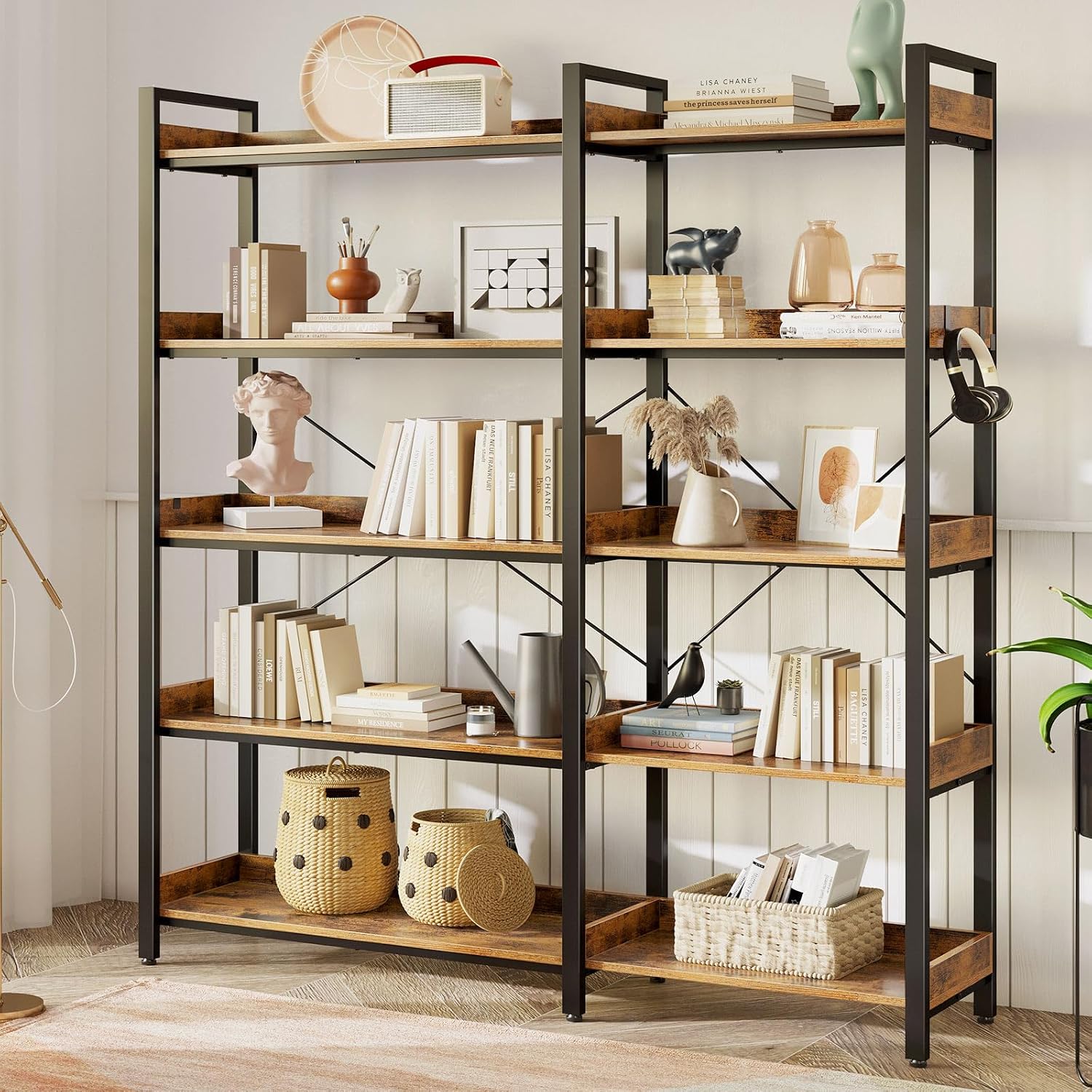 Rolanstar Bookshelf 5 Tier with 4 Hooks, Reversible Corner Bookshelf, 65' Industrial Wooden Bookcase with Open Shelves and Metal Frame for Living Room, Bedroom, Home Office, Rustic Brown