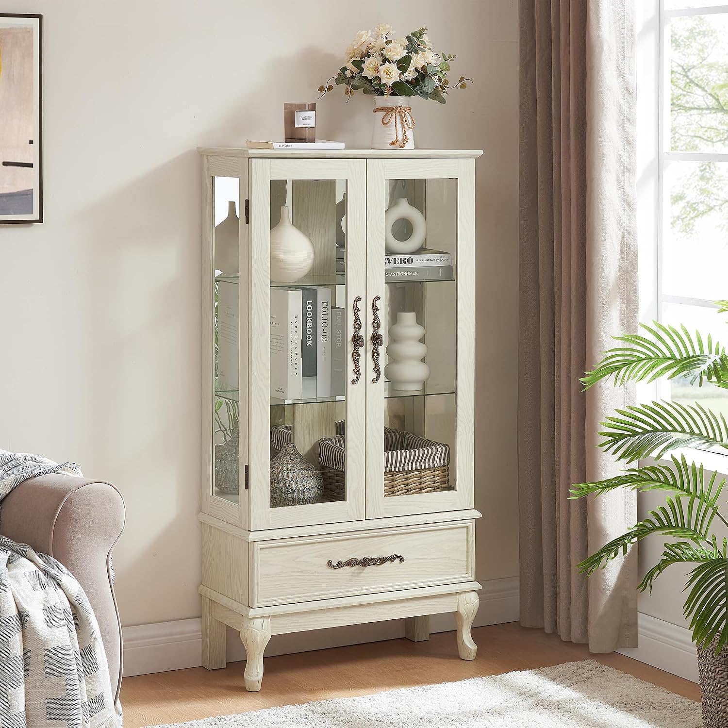 51'H Lighted Curio Display Cabinet with 2 Doors & 1 Drawer, Wooden Glass Curio Showcase w/ Adjustable Shelves & Mirrored Back Panel, Storage Cabinet Display Case for Living Room(Antique White)