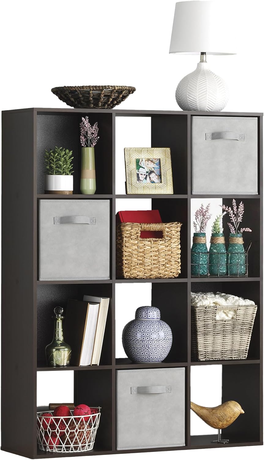 Whitmor 12 Cube Bookcase, 4 Tier Stackable MDF Bookself, Open Storage Display Organizer, Storage Cabinet for Living Room, Bedroom, Home, Office, 35.1' L x 11.7' W x 47.5' H, Espresso