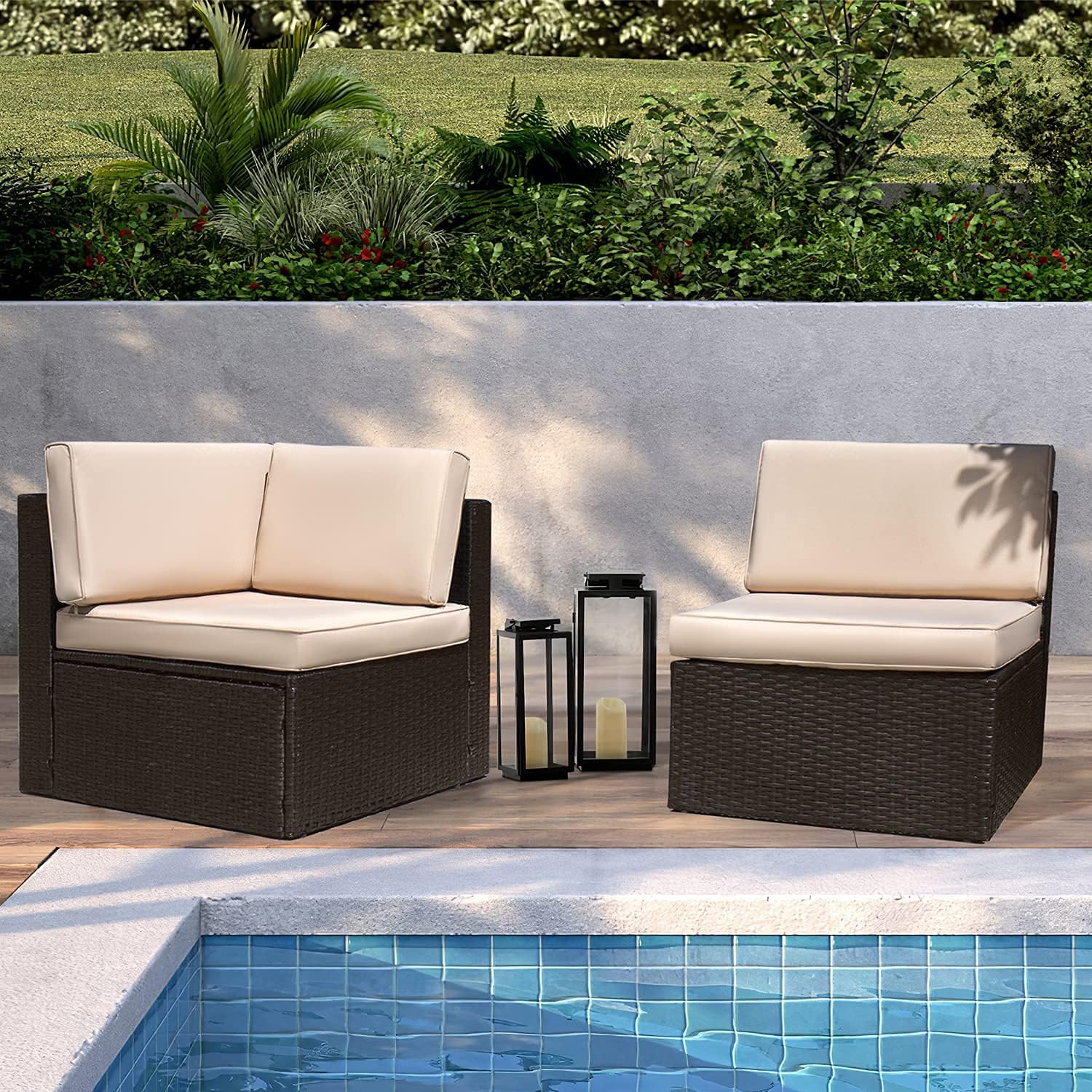Devoko Patio Furniture Sofa Sets Outdoor All-Weather Sectional Corner Sofa and Armless Small Couch (Beige, 2 PCS Patio Sofa Set)