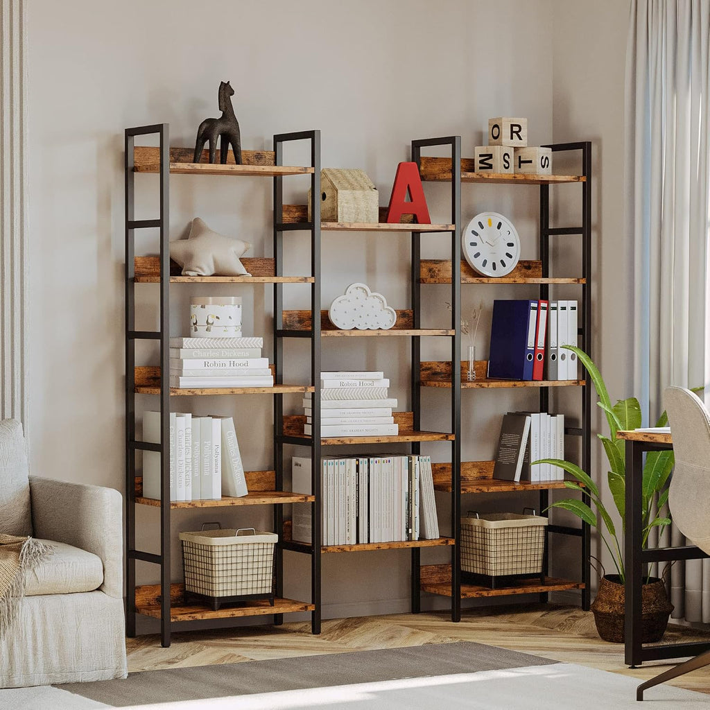 IRONCK Bookshelf, Bookshelves and Bookcases, 5 Tiers Bookshelf with Baffles, Large Book Shelf with Metal Shelving, Triple Wide Shelves for Living Room, Home Office