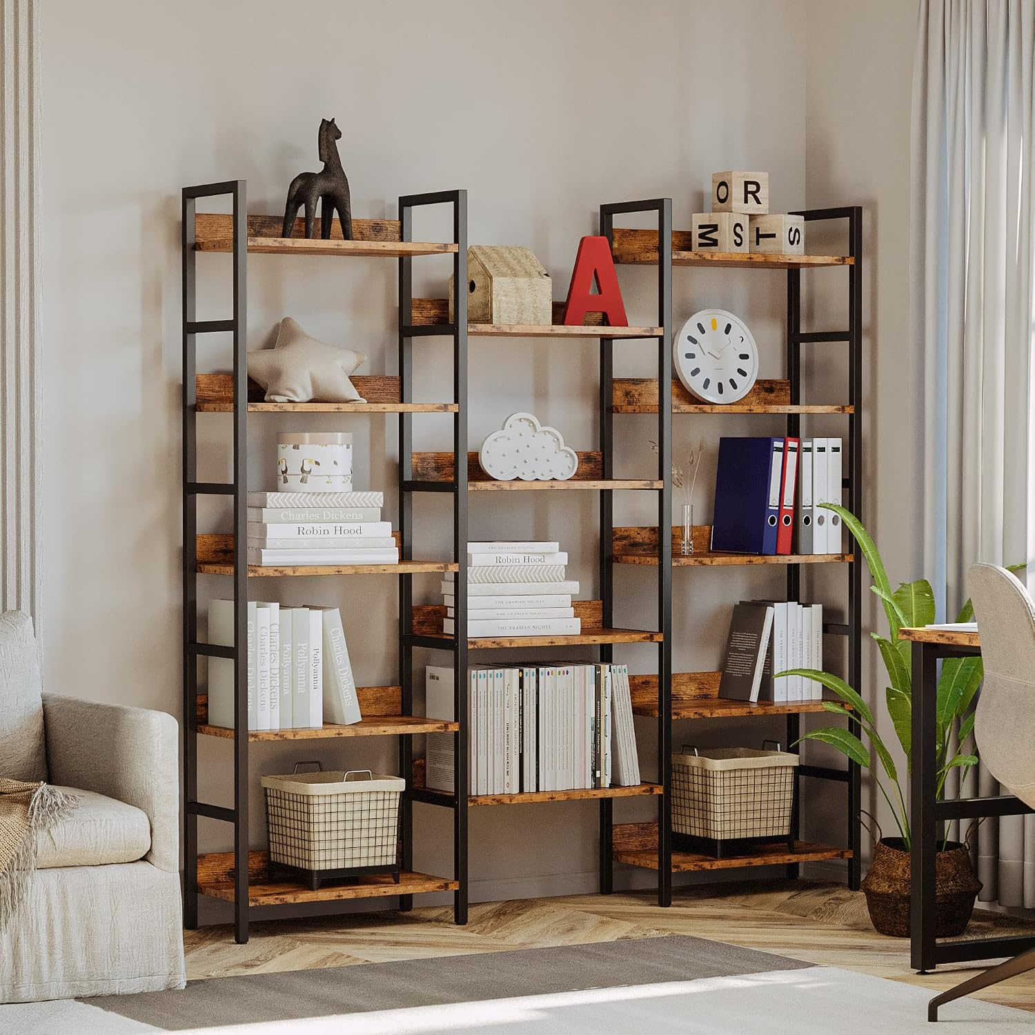 IRONCK Bookshelf, Bookshelves and Bookcases, 5 Tiers Bookshelf with Baffles, Large Book Shelf with Metal Shelving, Triple Wide Shelves for Living Room, Home Office