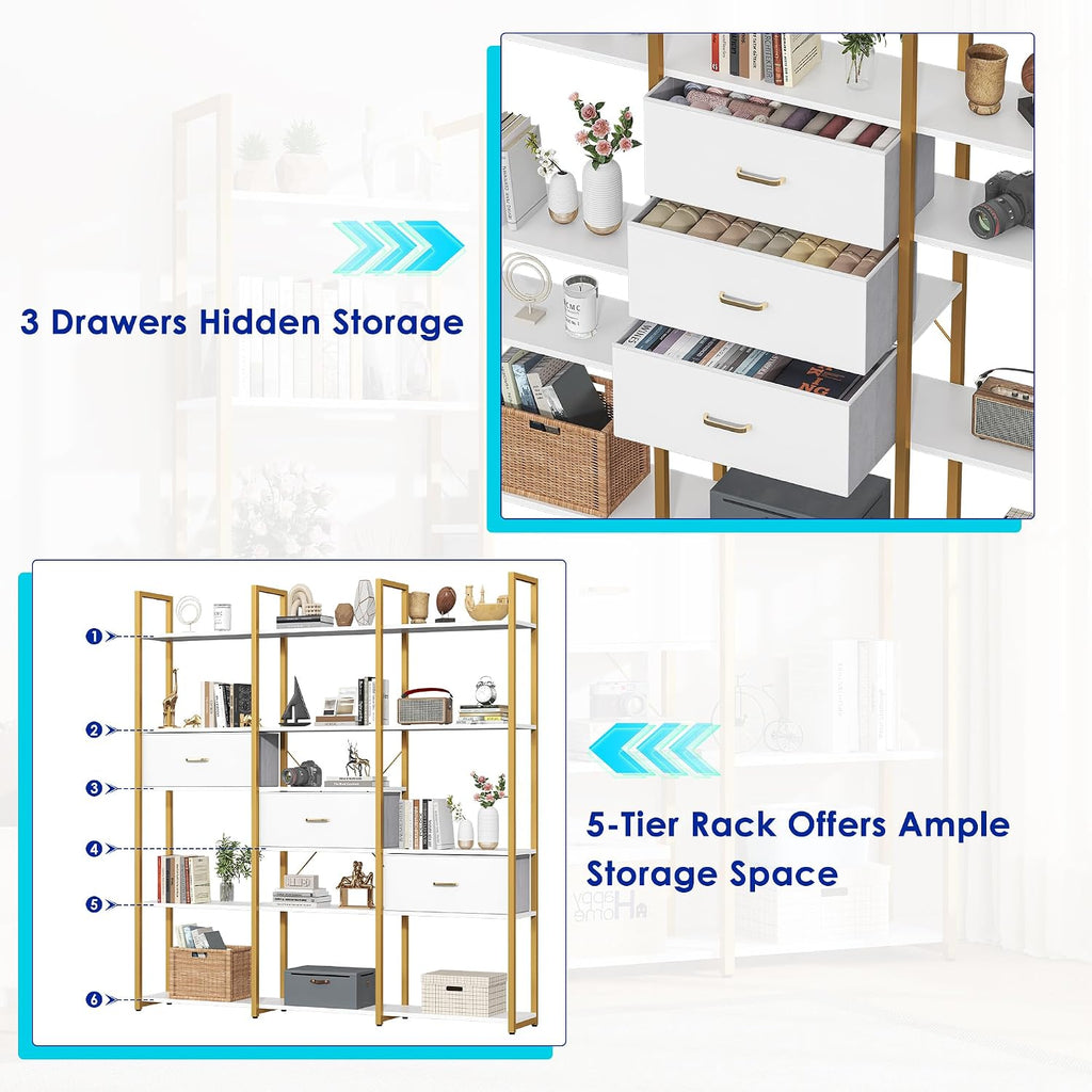 Nosepen 73.6' Tall Bookshelf with 3 Drawers and 16 Storage Shelves, Industrial Bookcase with 16 Open Display Shelves, Large Etagere Bookshelf, Triple Wide Book Shelf Book Case for Home & Office, Gold