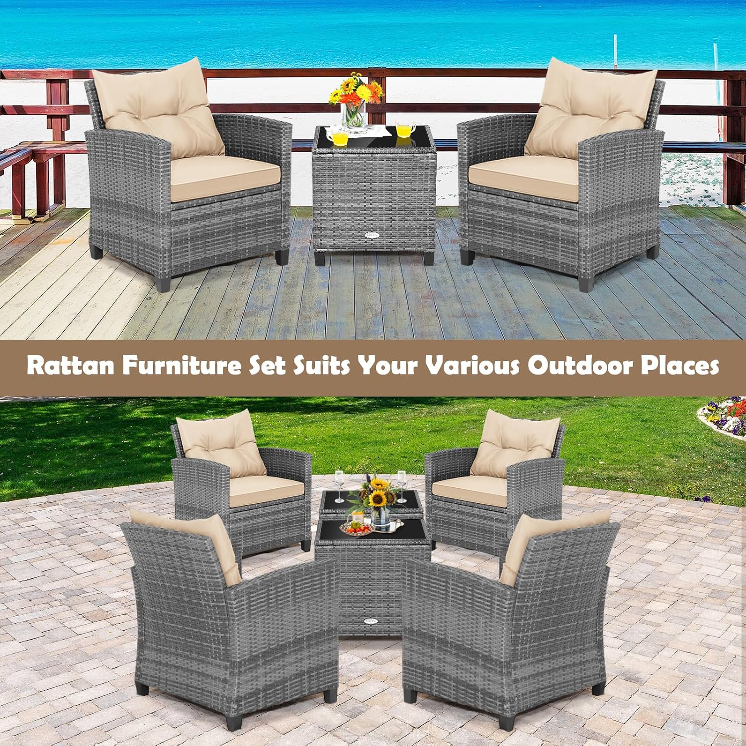 Tangkula 3 Pieces Wicker Patio Furniture Set, Outdoor Rattan Conversation Cushioned Chair Set with Tempered Glass Side Table, for Porch, Balcony and Garden
